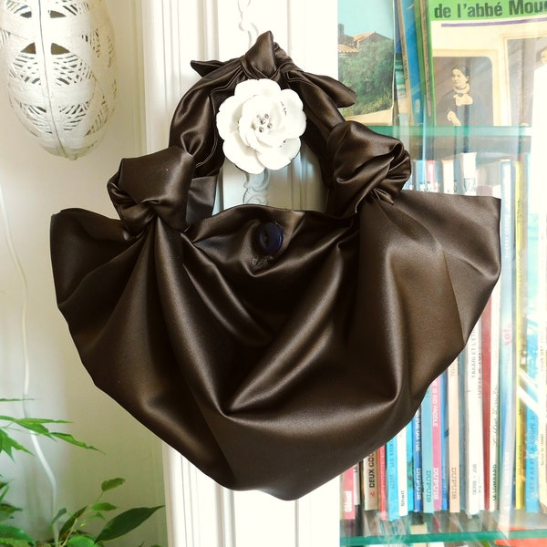 Small Dark Brown Satin Furoshiki  Knot Handbag/Small Handbag/Satin handbag/Brown Handbag
