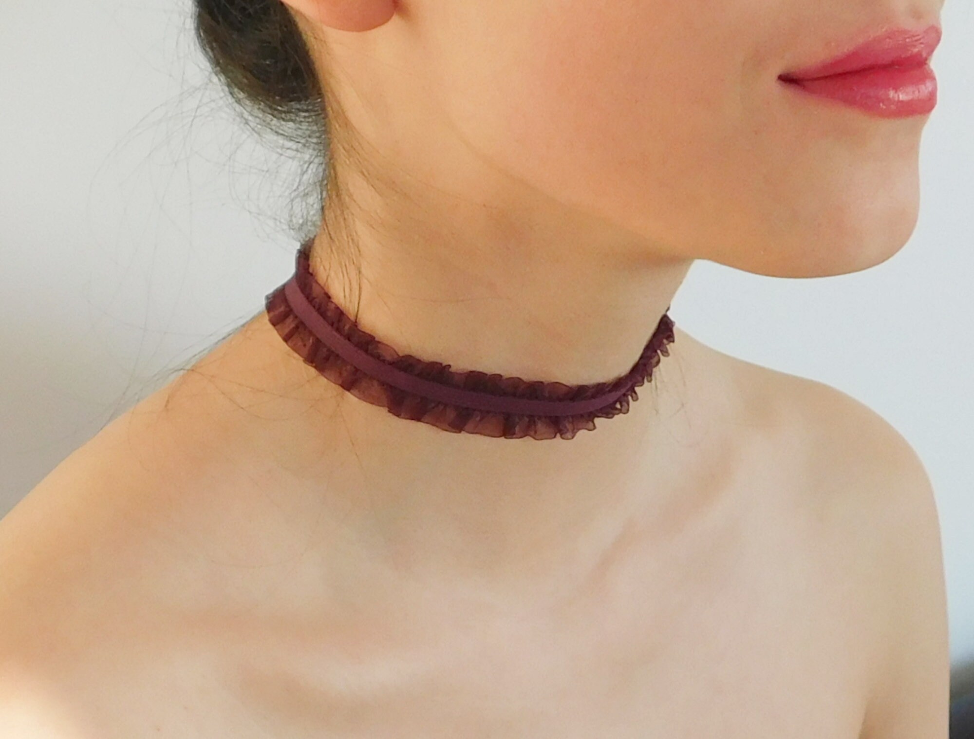 French Lace Choker, Burgundy Frill Lace Necklace, Victorian Choker, Acessoories Dance Wear Costume