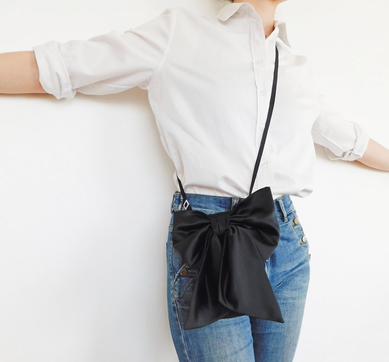 Black Satin BOW Crossbody Bag, Cellphone Purse, Small ShoulderBag, Evening Bag, Waist Bag image 2