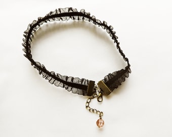 French Lace Choker, Black Frill Lace Necklace, Victorian Necklace