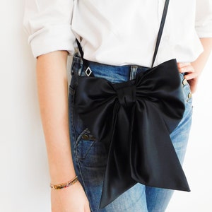 Black Satin BOW Crossbody Bag, Cellphone Purse, Small ShoulderBag, Evening Bag, Waist Bag image 4