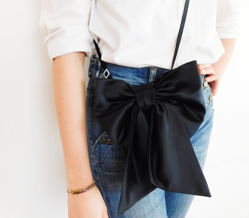 Black Satin BOW Crossbody Bag, Cellphone Purse, Small ShoulderBag, Evening Bag, Waist Bag image 4