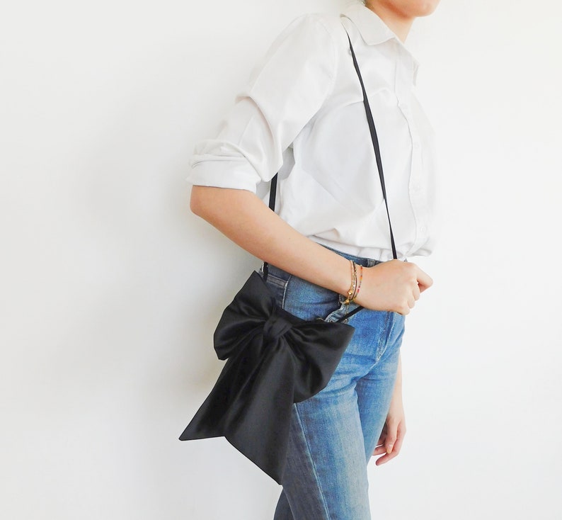 Black Satin BOW Crossbody Bag, Cellphone Purse, Small ShoulderBag, Evening Bag, Waist Bag image 1