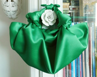 Small Big Brigh Green Satin Handbag/Furoshiki Hnadbag/Knot Handbag/Satin Handbag/Green Handbag