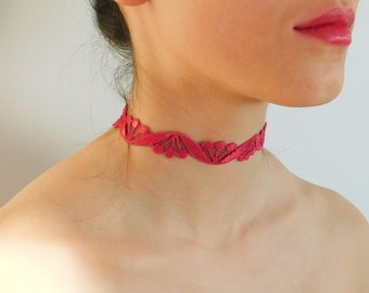 French Lace Choker, Fuchsia Lace Choker, Victorian Choker, Lace Necklace