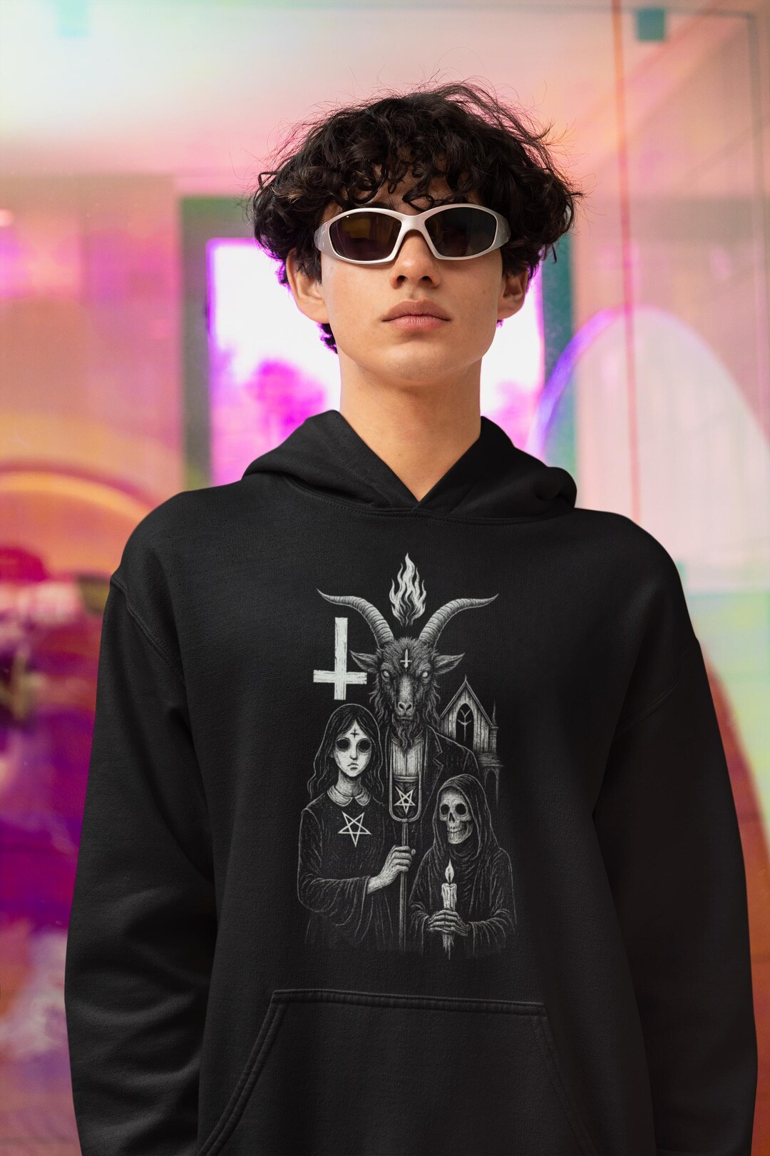 Satanic Merch Satanic American Gothic Hoodie – Baphomet & Death Parody Sweatshirt ...