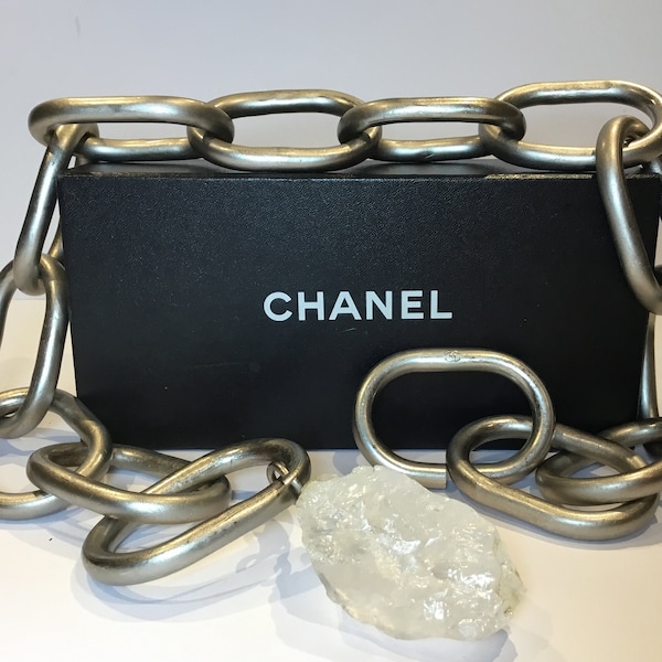 VINTAGE CHANEL 1990s Iconic White Metal & Rock Quartz Chain Link BELT