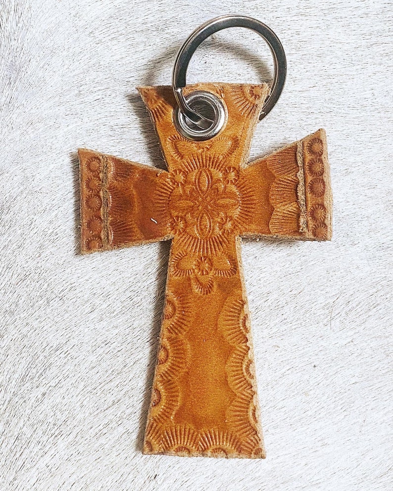 Hand Tooled Leather Cross Keychain Etsy