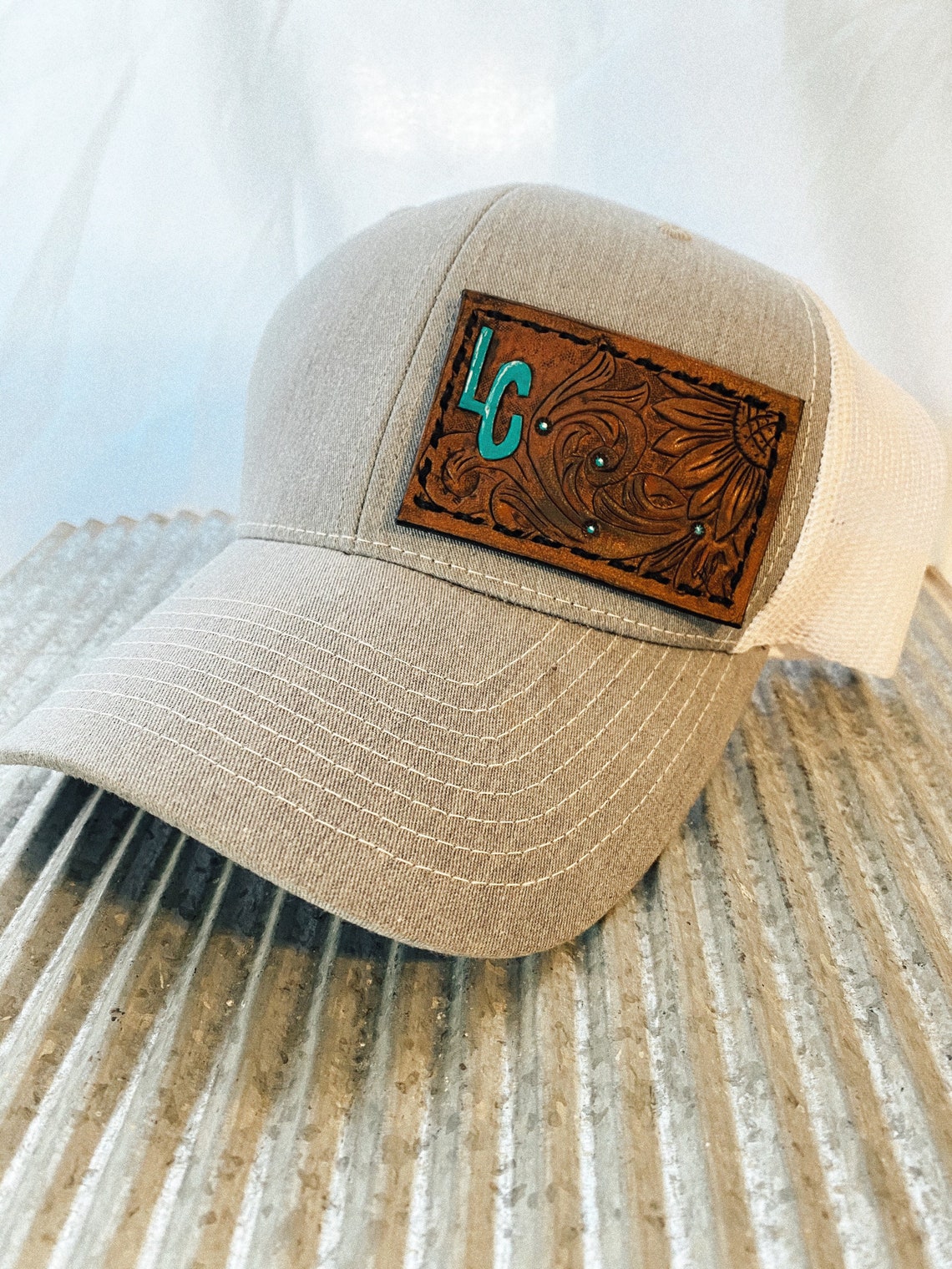 Tooled Leather Patch Trucker Hat Etsy