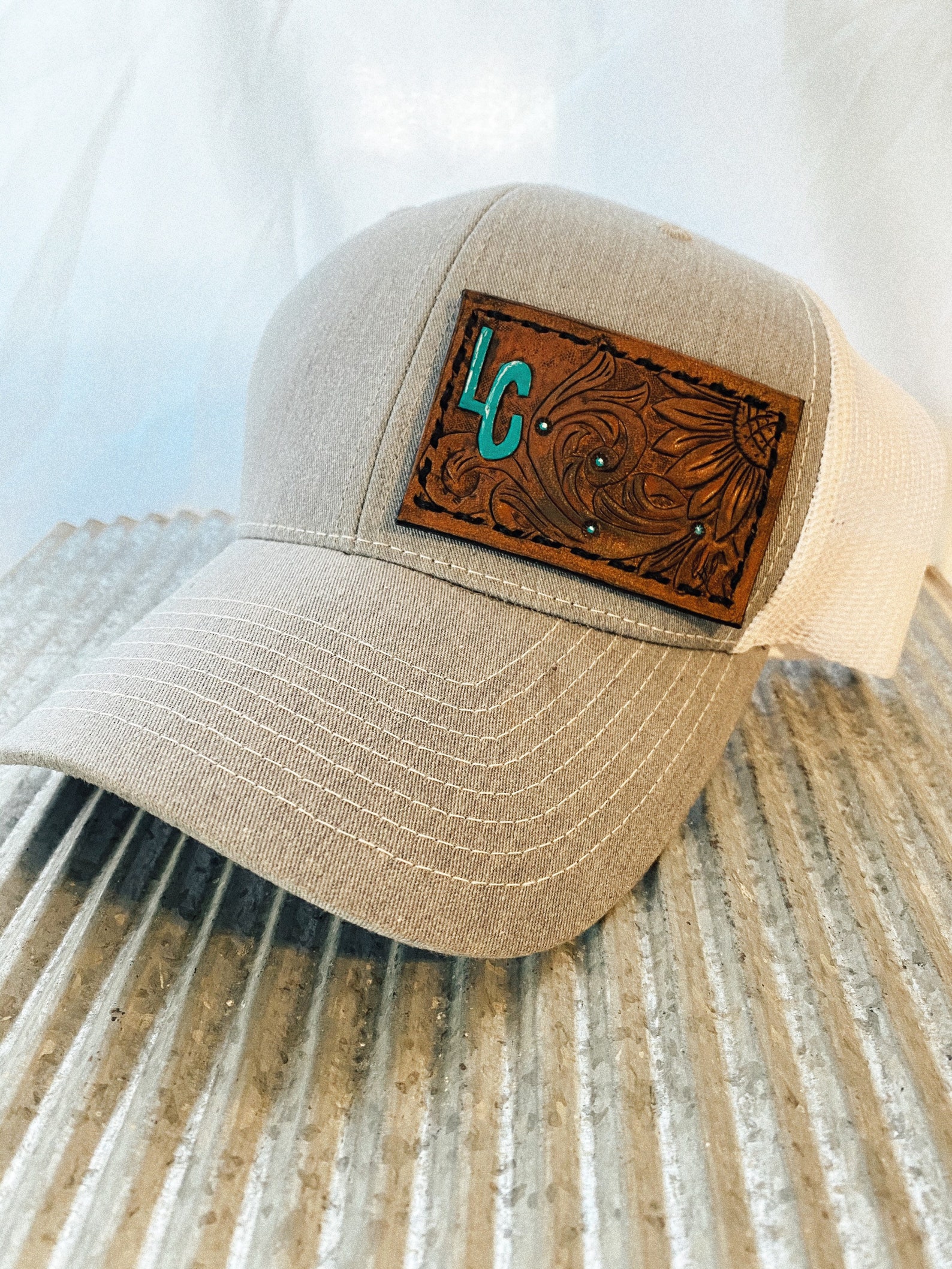 Tooled Leather Patch Trucker Hat Etsy