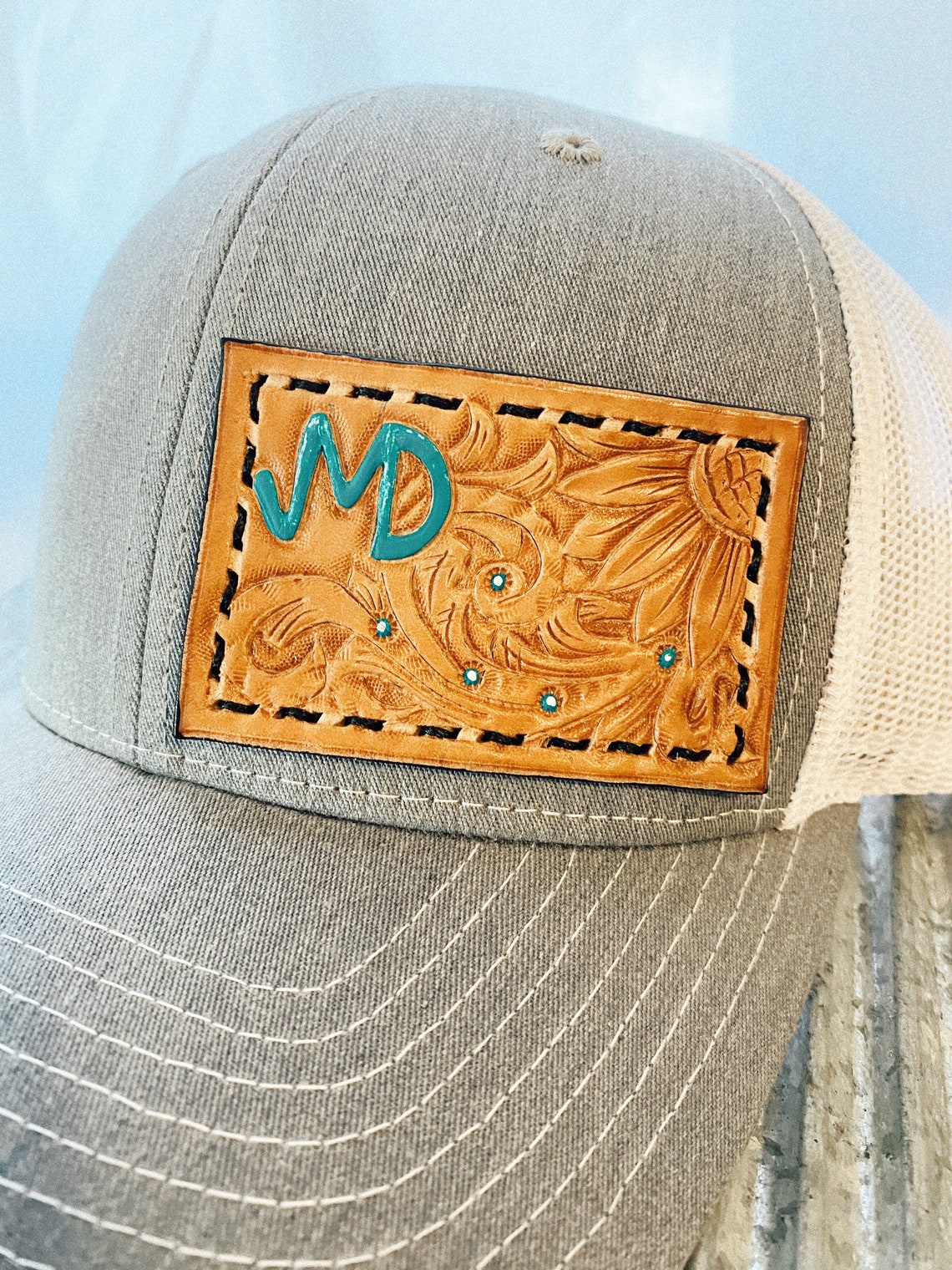 Tooled Leather Patch Trucker Hat Etsy