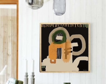 framed minimalistic mid century art print, modern graphic art, square abstract natural colors print, creme and black, nordic wall art,gift
