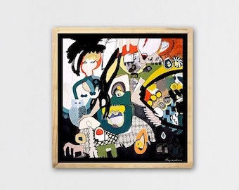 moderne zeitgenössische Kunst, Acrylmalerei, Expressionismus, bunter Kunstdruck, abstrakte Grafikkunst, helle Farben, Wohnzimmer Wandkunst