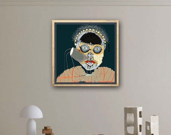large figurative abstract wall art ,contemporary collage, Iris Apfel , abstract face print, 70s wall art , canvas print, illustration print