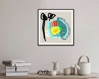 vibrant colors illustration print, modern graphic art, citrus wall art, abstract fruit print, yellow blue, kitchen wall decor, poster square