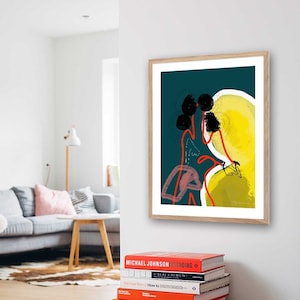impresión de arte moderno abstracto enmarcado, impresión gráfica en colores llamativos, arte de la pared de la sala de estar, arte de carteles coloridos, mediados de siglo, contemporáneo