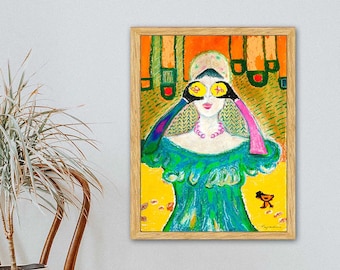 gerahmter bunter figurativer Kunstdruck, moderne zeitgenössische Kunst, leuchtende Farben Acrylmalerei,Wohnzimmer Wandkunst,Pastellzeichnung