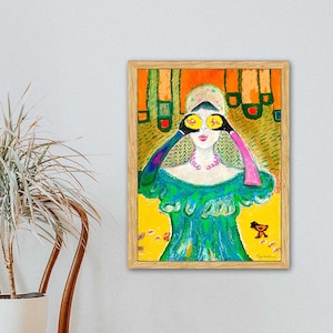 Impresión de arte figurativo colorido enmarcado, arte contemporáneo moderno, pintura acrílica de colores brillantes, arte de pared para sala de estar, dibujo al pastel