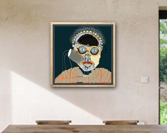 Retro expressionist fine art Giclee print of a face, colorful square mixed media collage as framed modern wall art or canvas decor
