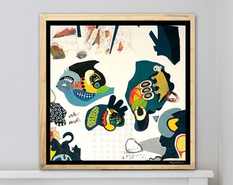 moderne zeitgenössische Kunst, Acrylmalerei, Expressionismus, bunter Kunstdruck, abstrakte Grafikkunst, helle Farben, Wohnzimmer Wandkunst