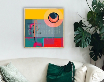bunte abstrakte zeitgenössische Kunst, Grafikkunst, minimalistische Mid Century Kunst, Wohnzimmer Wandkunst, gerahmter Kunstdruck,70er Jahre