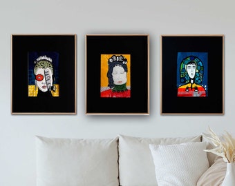 3er Set original abstrakte bunte zeitgenössische Kunst, Collage Kunstwerk, Galerie Wandkunst Set, farbige Wohnzimmer Wandkunst, Frau Gesicht