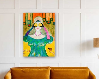 grosser bunter figurativer Leinwand Kunstdruck, moderne zeitgenössische Kunst, leuchtende Farben, Wohnzimmer Wandkunst,Pastellzeichnung,Frau