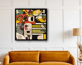 große abstrakte bunte Wandkunst, moderne zeitgenössische Kunst, gerahmte helle Acryl Malerei, figurative Kunst, Wohnzimmer Wandkunst, 70er