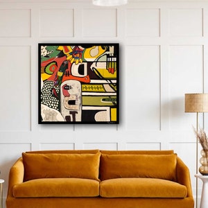 große abstrakte bunte Wandkunst, moderne zeitgenössische Kunst, gerahmte helle Acryl Malerei, figurative Kunst, Wohnzimmer Wandkunst, 70er