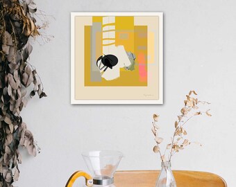 mustard yellow tones mid century inspired abstract fine art print, living room wall decor,  large retro colors 70s wall art, minimalistic