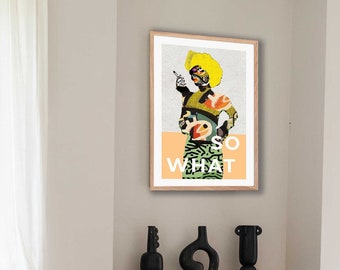 farbige lebendige gerahmte Wandkunst, figuratives Poster, Mid Century modern, 70er Jahre, Kunstdruck, abstrakte weibliche Kunst, Porträt,