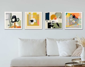 Set von 4, grosse abstrakte modern farbige Kunst, Grafikkunst, leuchtende Farben Poster Wandkunst, zeitgenössischer Kunstdruck, Mid Century