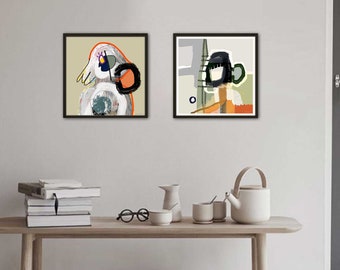 Kunstdruck Set, abstrakte farbige Collage, abstrakte Figur, modernes Gemälde, 2er Satz, Leinwanddruck abstrakt,  Wohnzimmer Wandkunst, Dekor