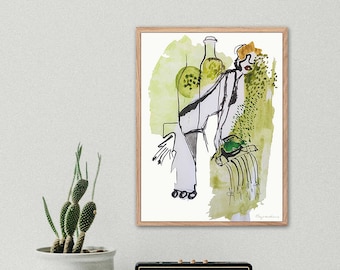 gerahmte abstrakte moderne figurative Zeichnung, zeitgenössische Wandkunst, Portrait Frau, Giclee Druck, Acryl Gemälde, Boho Wanddekoration
