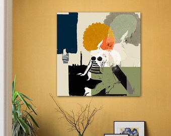 framed large figurative abstract wall art, canvas print, painting on canvas, retro colors, Boho decor, funky woman art print, living room