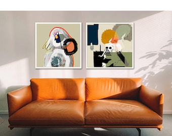 Set abstrakte minimalistische Wandkunst, moderne grafische zeitgenössische Kunst, Leinwanddruck, grosse Wohnzimmer Kunst, Set von 2