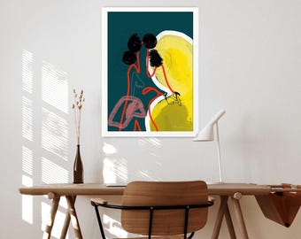 gerahmter abstrakter moderner Kunstdruck, Grafikdruck in kräftigen Farben,Wohnzimmer Wandkunst,bunte Plakatkunst, Mid-Century,zeitgenössisch
