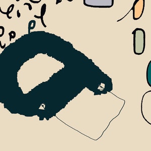 May include: A dark blue abstract shape resembling a ring with a small white rectangle attached to the bottom. The shape is on a beige background with colorful abstract shapes and scribbles.