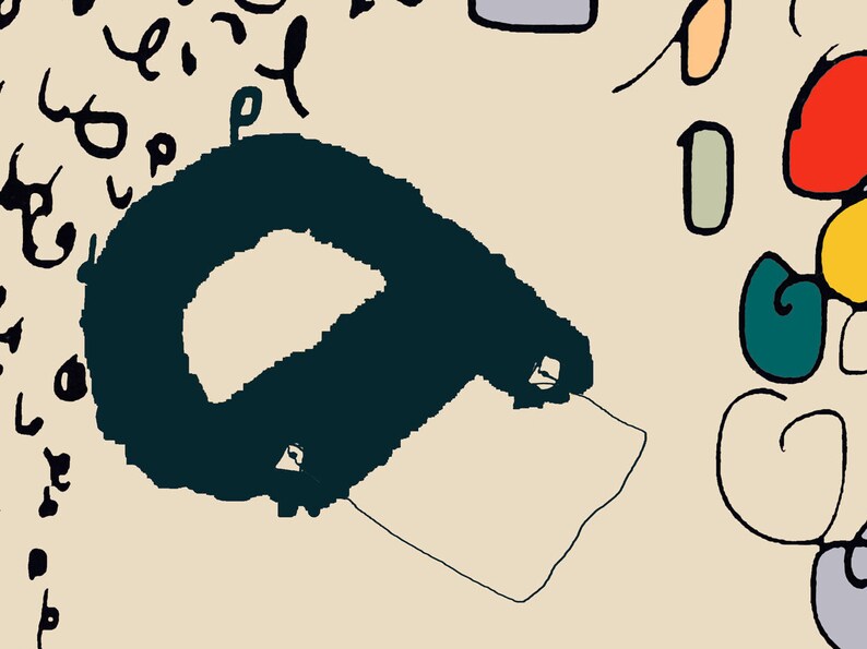 May include: A dark blue abstract shape resembling a ring with a small white rectangle attached to the bottom. The shape is on a beige background with colorful abstract shapes and scribbles.