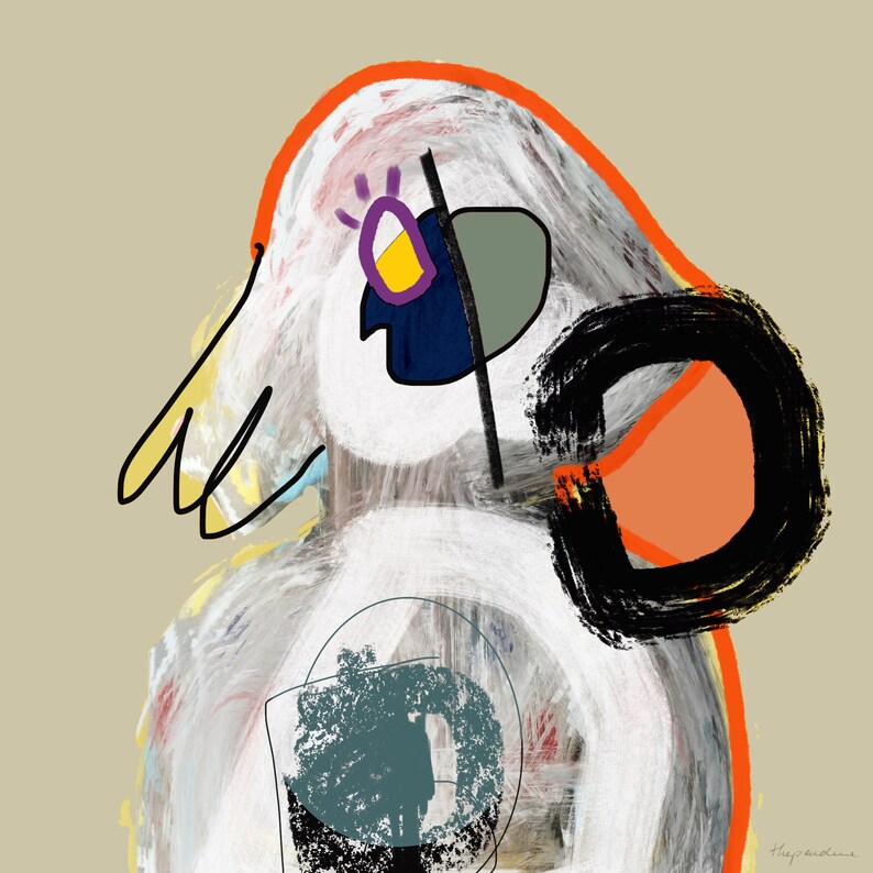 May include: Abstract painting with a white background and colourful shapes. The painting features a large, black, brushstroke shape in the top right corner, a smaller orange shape, and a blue and green shape in the centre. The painting is done in a loose, gestural style.