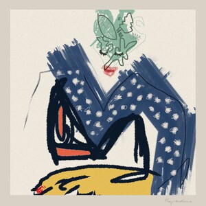 May include: Abstract illustration of a person wearing a blue and white patterned outfit with a green leaf design on their head. The person is sitting on a yellow surface.