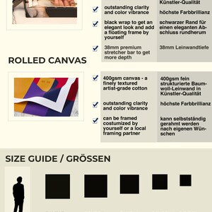 May include: A size guide for stretched and rolled canvas prints. The guide shows four different sizes in inches and centimetres. The stretched canvas is 400gsm, finely textured, artist-grade cotton with a 38mm stretcher bar. The rolled canvas is 400gsm, finely textured, artist-grade cotton and can be framed.