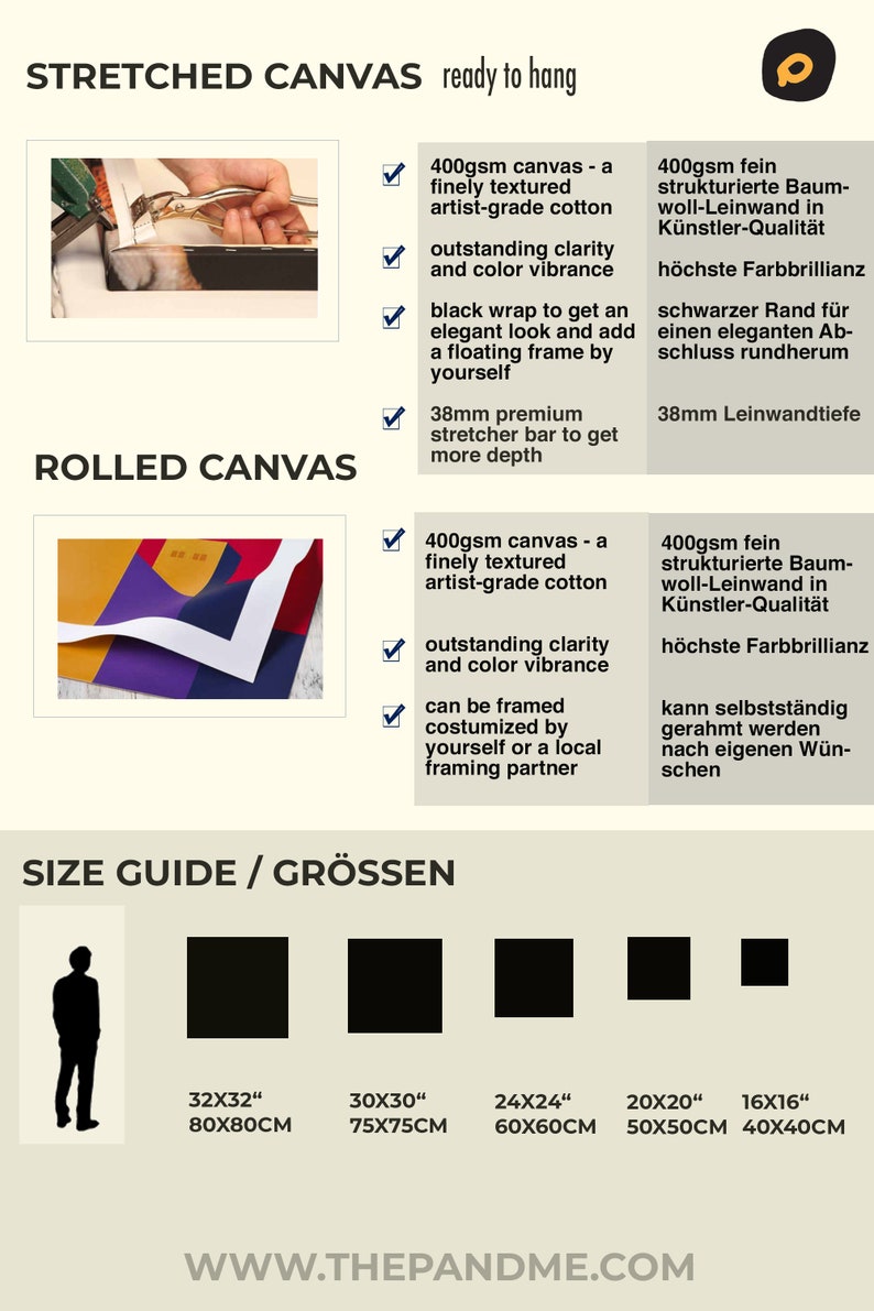 May include: A size guide for stretched and rolled canvas prints. The guide shows four different sizes in inches and centimetres. The stretched canvas is 400gsm, finely textured, artist-grade cotton with a 38mm stretcher bar. The rolled canvas is 400gsm, finely textured, artist-grade cotton and can be framed.