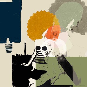 May include: Abstract art print featuring a woman with a large, yellow afro, wearing a black and white striped swimsuit. The background is a mix of green, blue, and white.