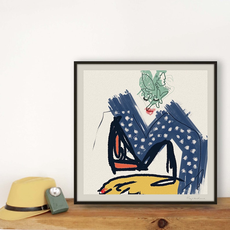 May include: A framed illustration of a person with a blue and white polka dot shirt, green hair, and a yellow hand. The illustration is in a minimalist style with a white background. The artist's signature is in the bottom right corner.
