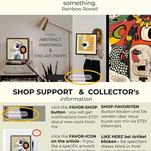 May include: A collage of abstract paintings in a modern style. The text "Shop Support & Collector's Information" is displayed below the paintings. The text "Shop-Favoriten" is displayed in a yellow heart shape. The text "Favor-Shop Button" is displayed in a yellow heart shape. The text "Favor-Icon on the Article" is displayed in a yellow heart shape. The text "Like Herz bei Artikel Klicken" is displayed in a yellow heart shape. The text "Newsletter" is displayed in a yellow heart shape. The text "Newsletter direkt" is displayed in a yellow heart shape.