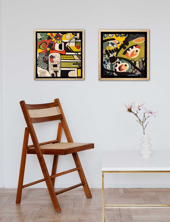 SET Wandkunst Acrylmalerei Kunstdruck, moderne zeitgenössische Kunst, freundliche Farben Leinwanddruck, grosse Wohnzimmer Kunst,Set von 2