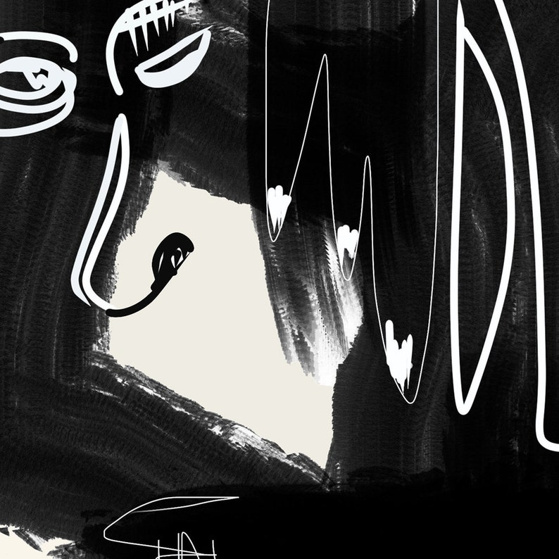 May include: Abstract black and white painting with a stylized face and lines. The face is partially obscured by black brushstrokes.