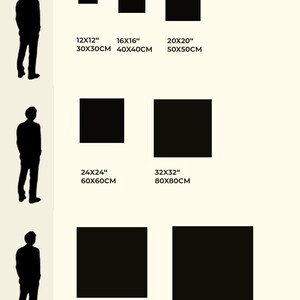 May include: Size guide for canvas prints with measurements in inches and centimeters. The guide shows different sizes of canvas prints with a person standing next to them for scale. The sizes range from 12x12 inches to 50x50 inches.
