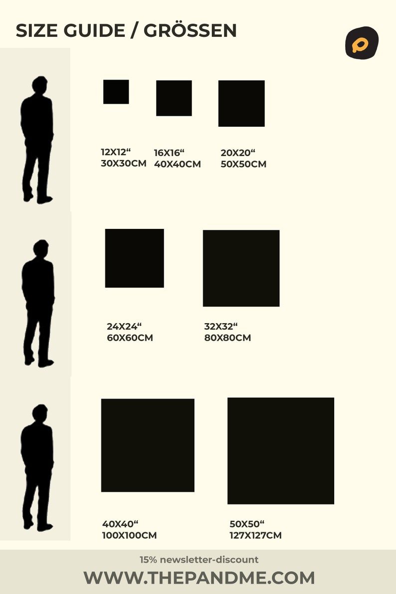 May include: Size guide for canvas prints with measurements in inches and centimeters. The guide shows different sizes of canvas prints with a person standing next to them for scale. The sizes range from 12x12 inches to 50x50 inches.